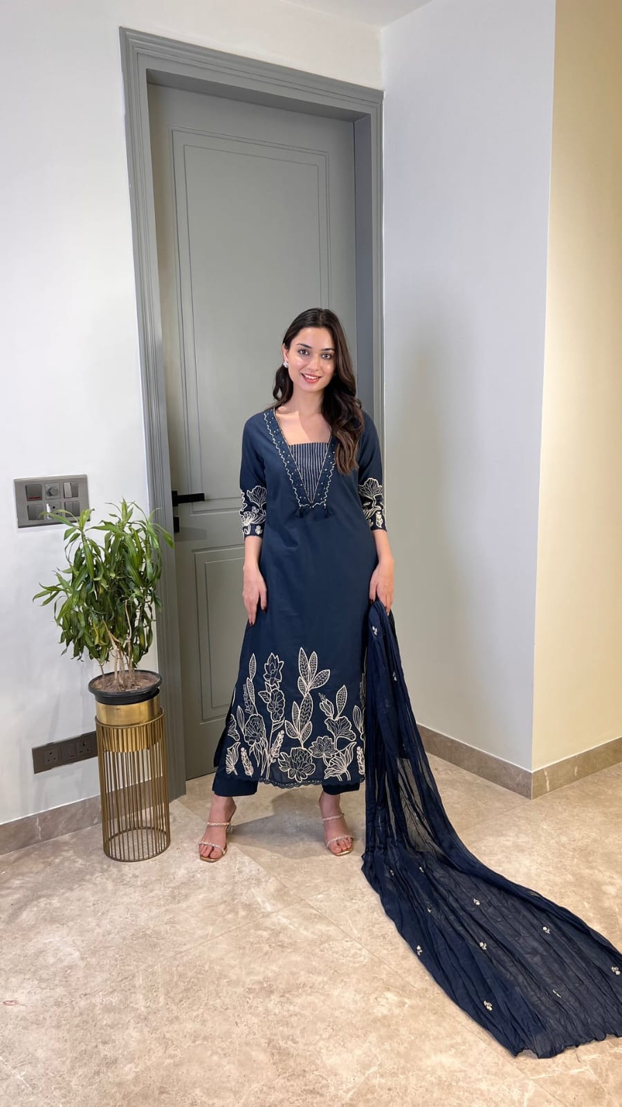 Pure Cotton Suit Set with Full Embroidery Kurta, Pant & Embroidered Dupatta | Samkri House