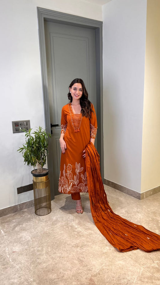 Pure Cotton Suit Set with Full Embroidery Kurta, Pant & Embroidered Dupatta | Samkri House
