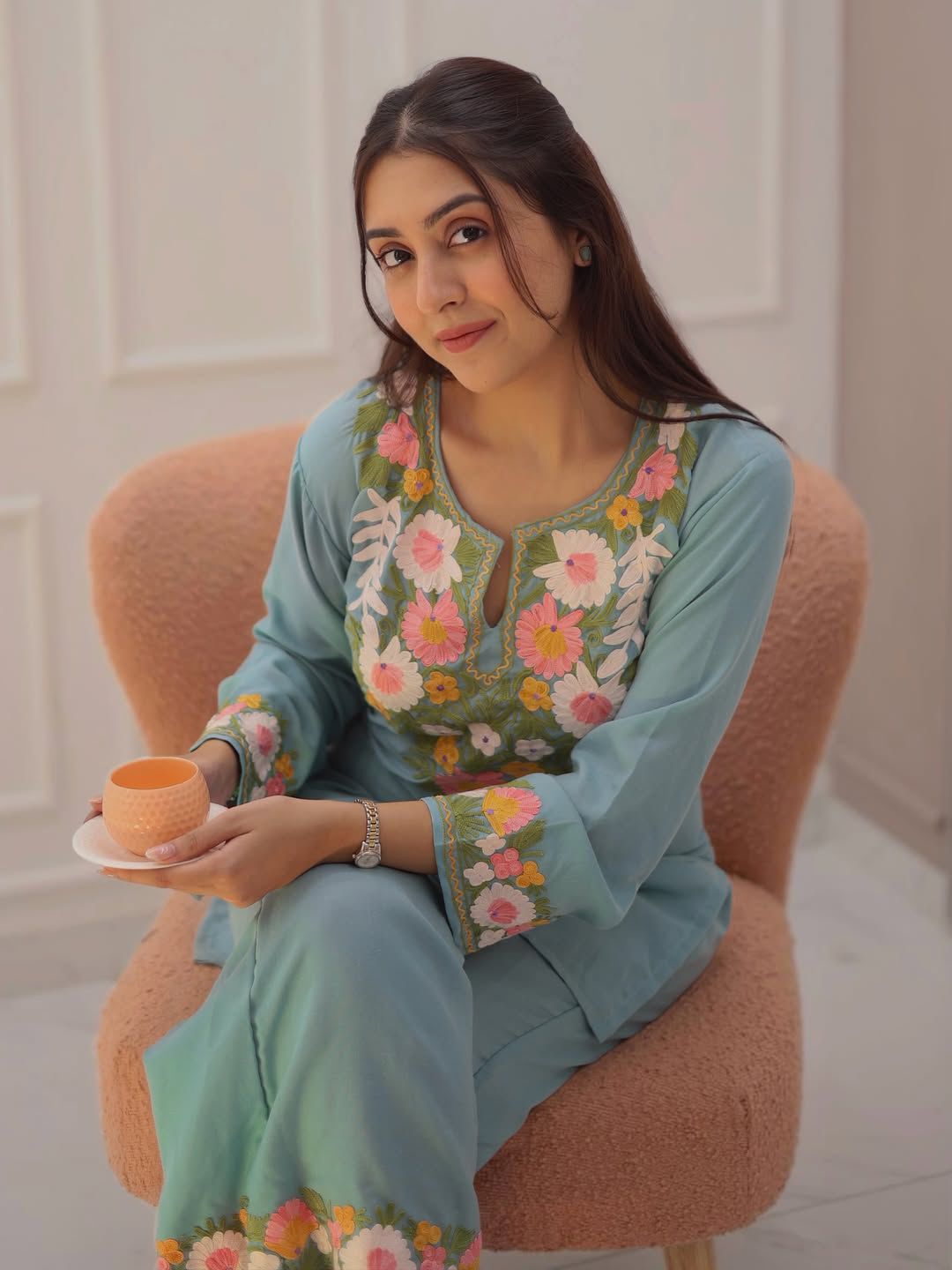 Pure Cotton Embroidered Co-Ord Set for Women | Kurti Pant Set with Border Work | Samkri House