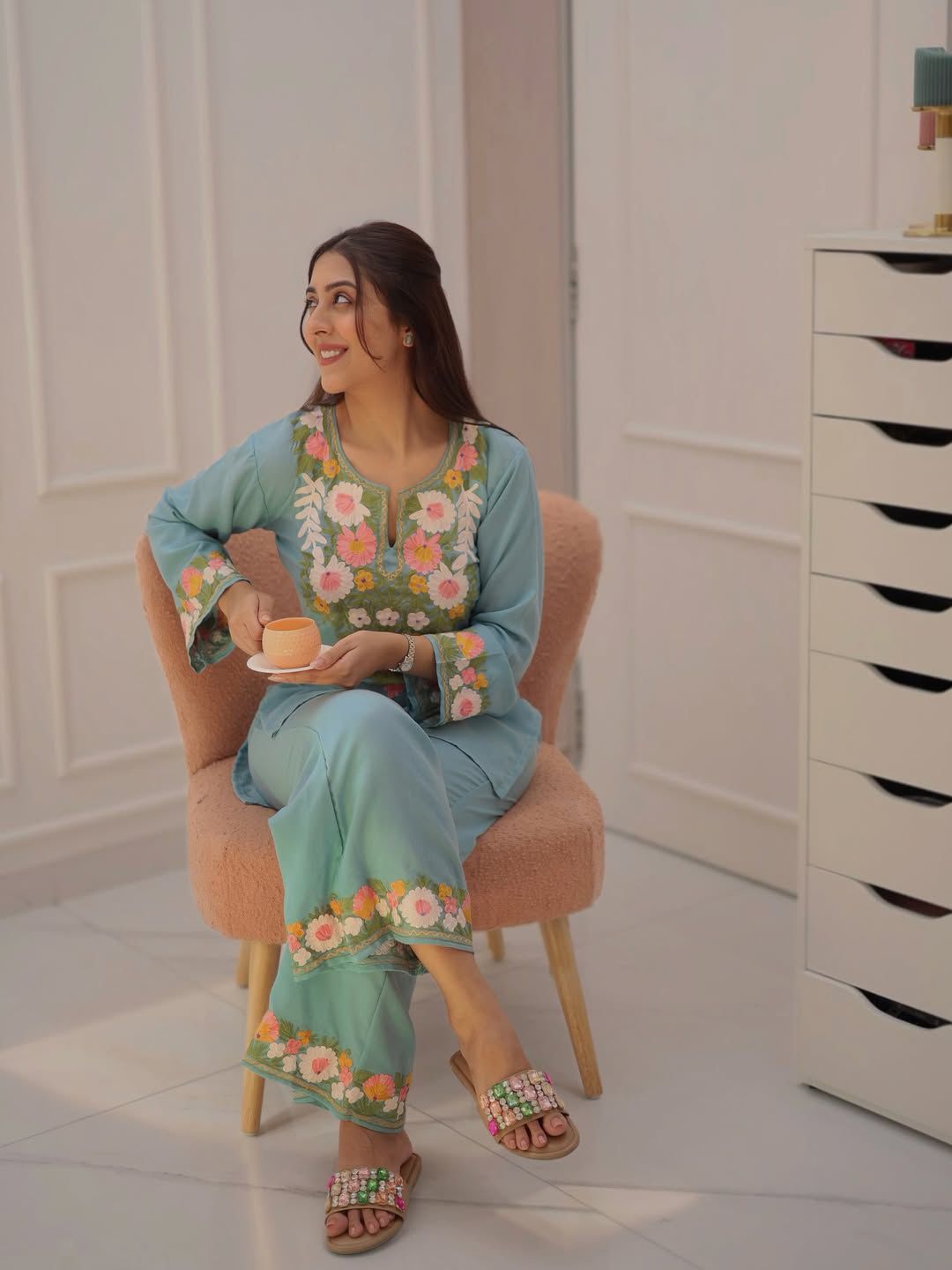 Pure Cotton Embroidered Co-Ord Set for Women | Kurti Pant Set with Border Work | Samkri House