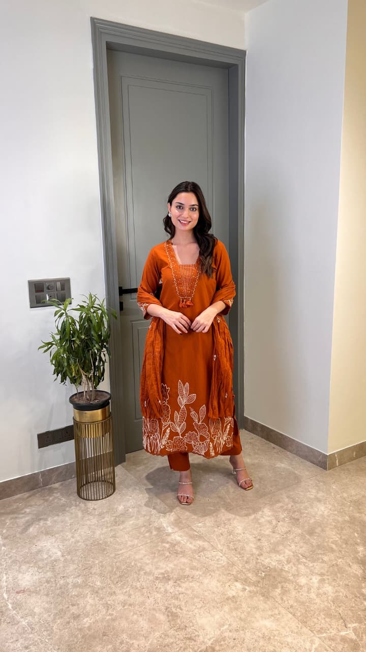 Pure Cotton Suit Set with Full Embroidery Kurta, Pant & Embroidered Dupatta | Samkri House