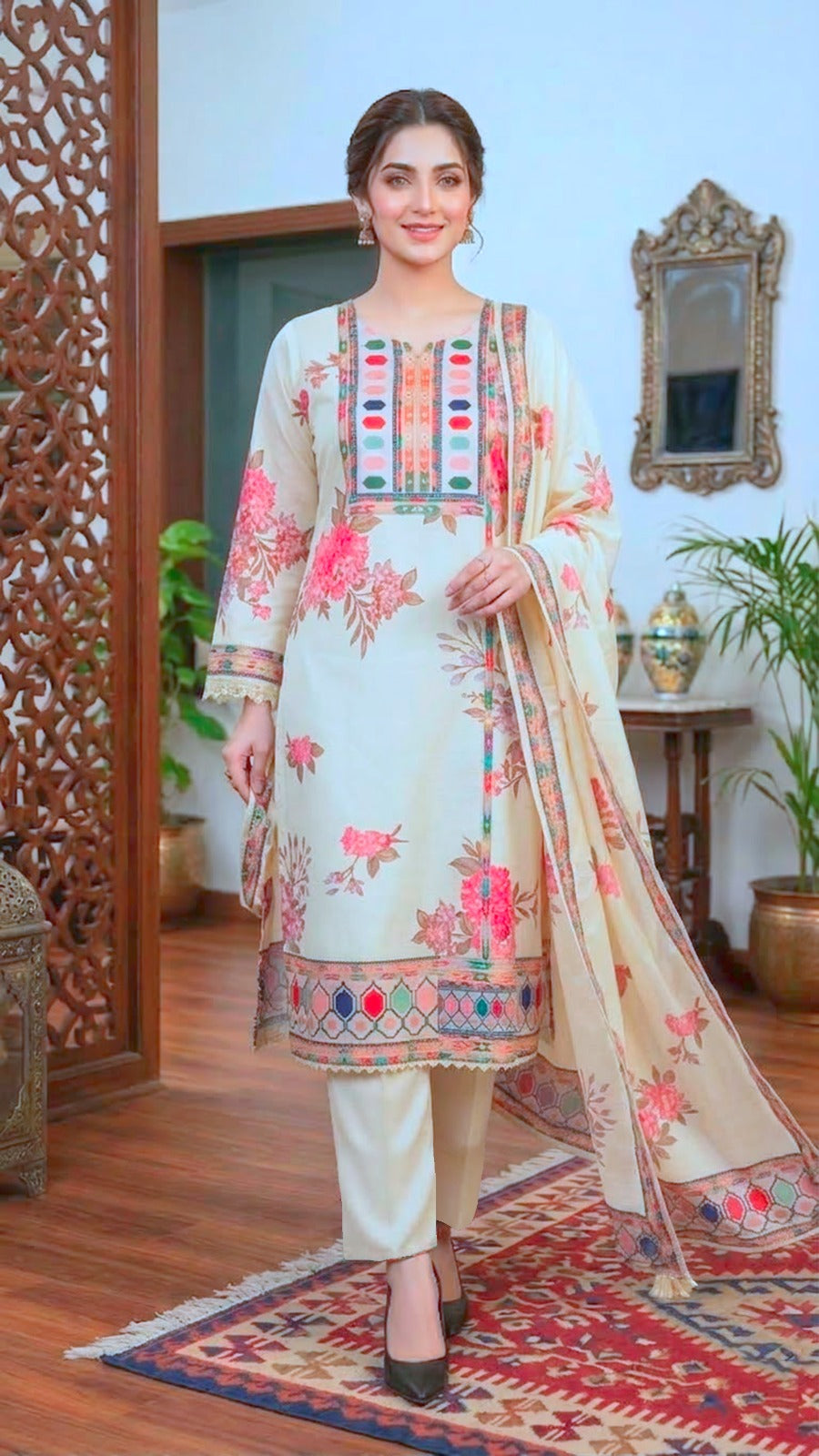Ivory Muslin Silk Suit Set with Digital Print & Sequin Embroidery | Kurti Pant Dupatta | Samkri House