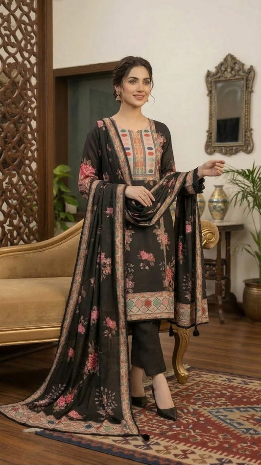 Ivory Muslin Silk Suit Set with Digital Print & Sequin Embroidery | Kurti Pant Dupatta | Samkri House