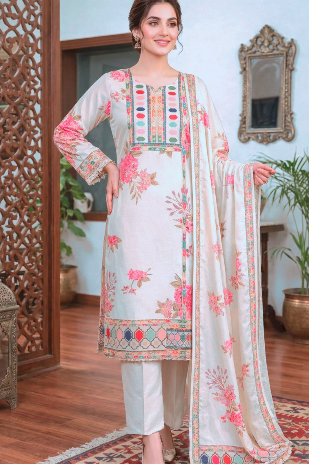 Ivory Muslin Silk Suit Set with Digital Print & Sequin Embroidery | Kurti Pant Dupatta | Samkri House