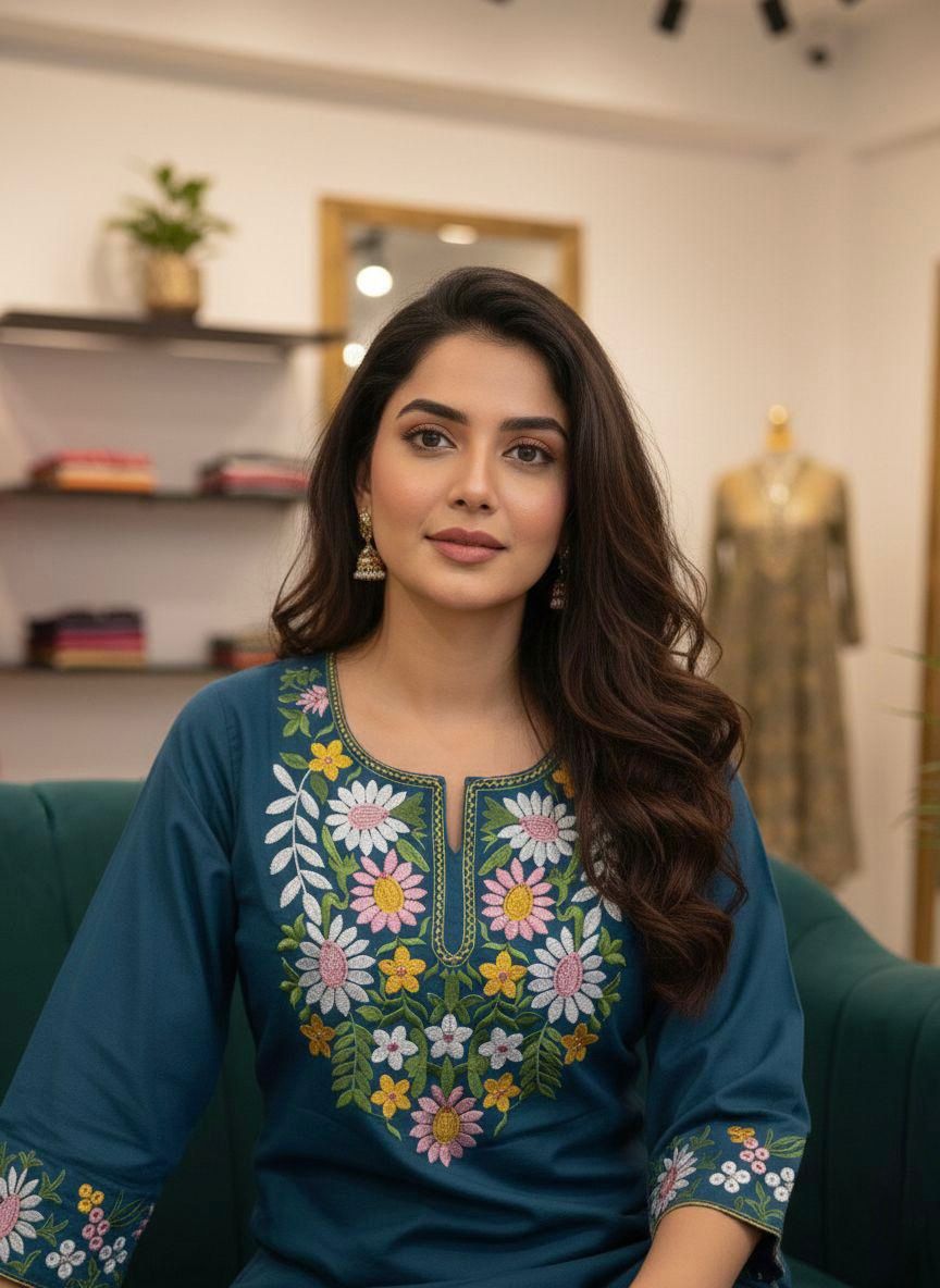 Pure Cotton Embroidered Co-Ord Set for Women | Kurti Pant Set with Border Work | Samkri House