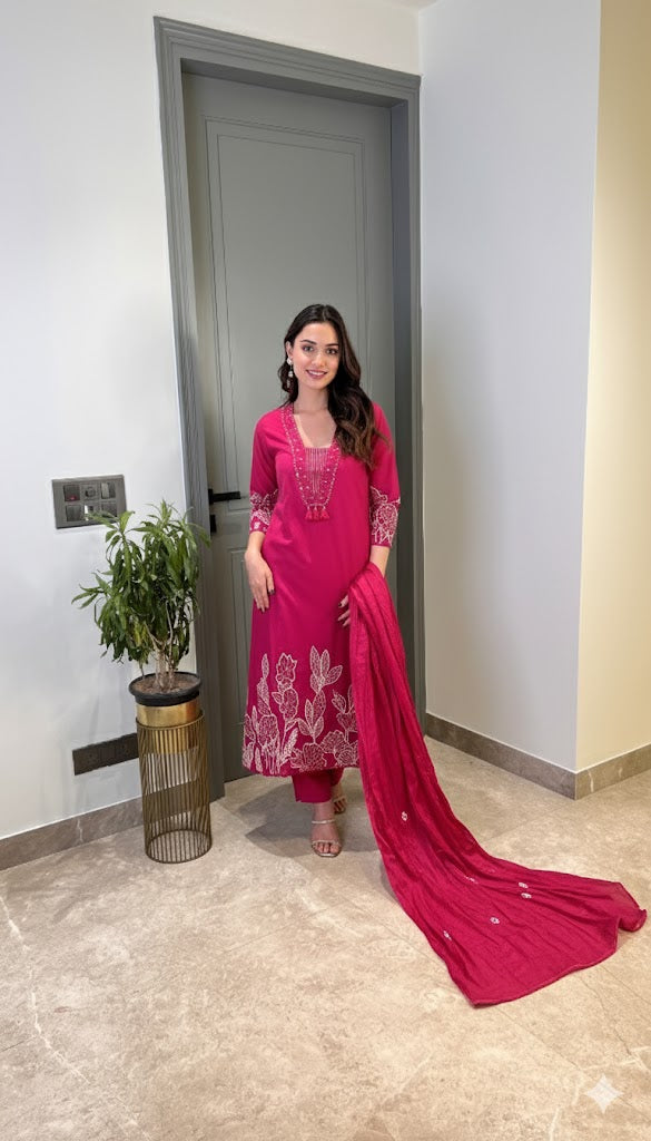 Pure Cotton Suit Set with Full Embroidery Kurta, Pant & Embroidered Dupatta | Samkri House