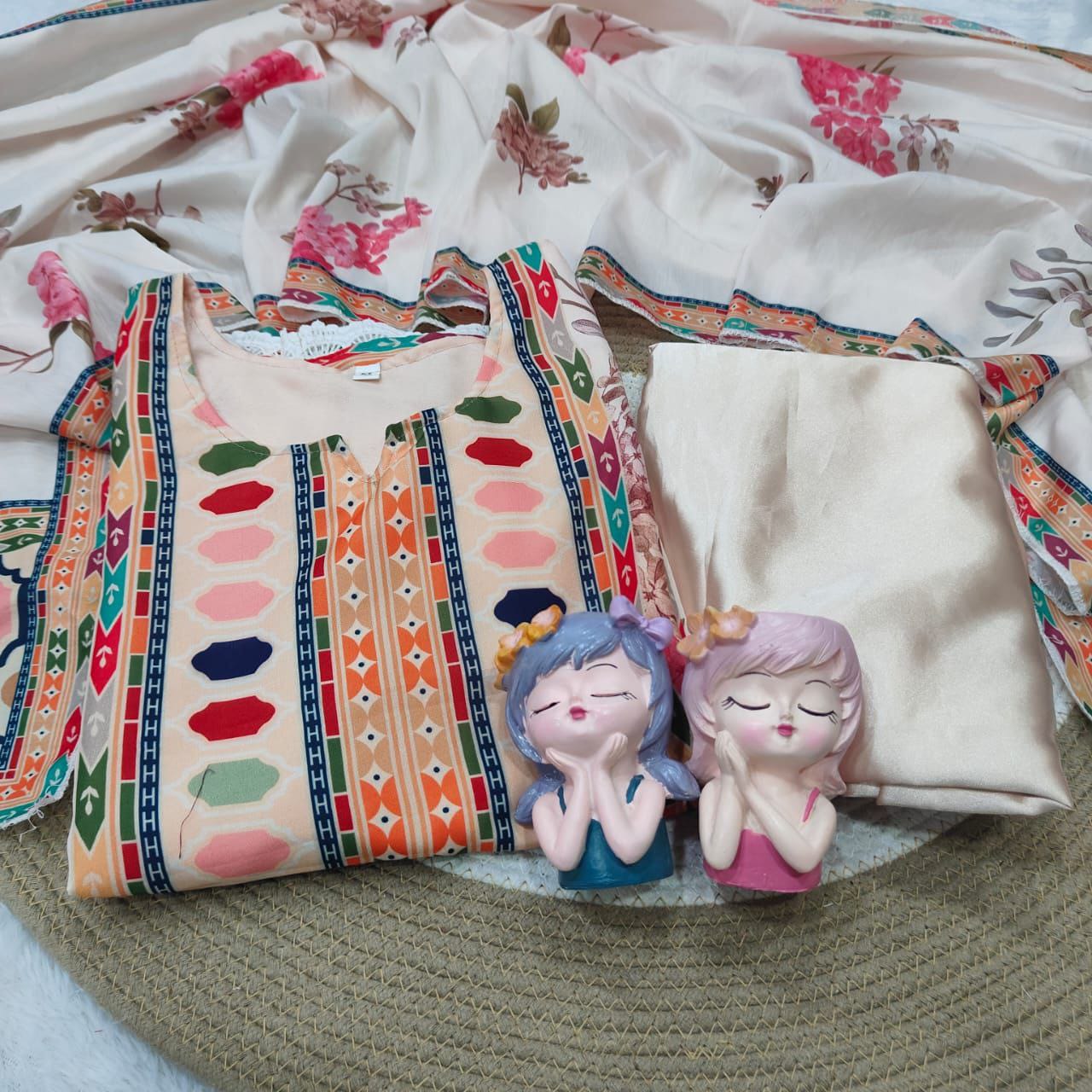 Ivory Muslin Silk Suit Set with Digital Print & Sequin Embroidery | Kurti Pant Dupatta | Samkri House