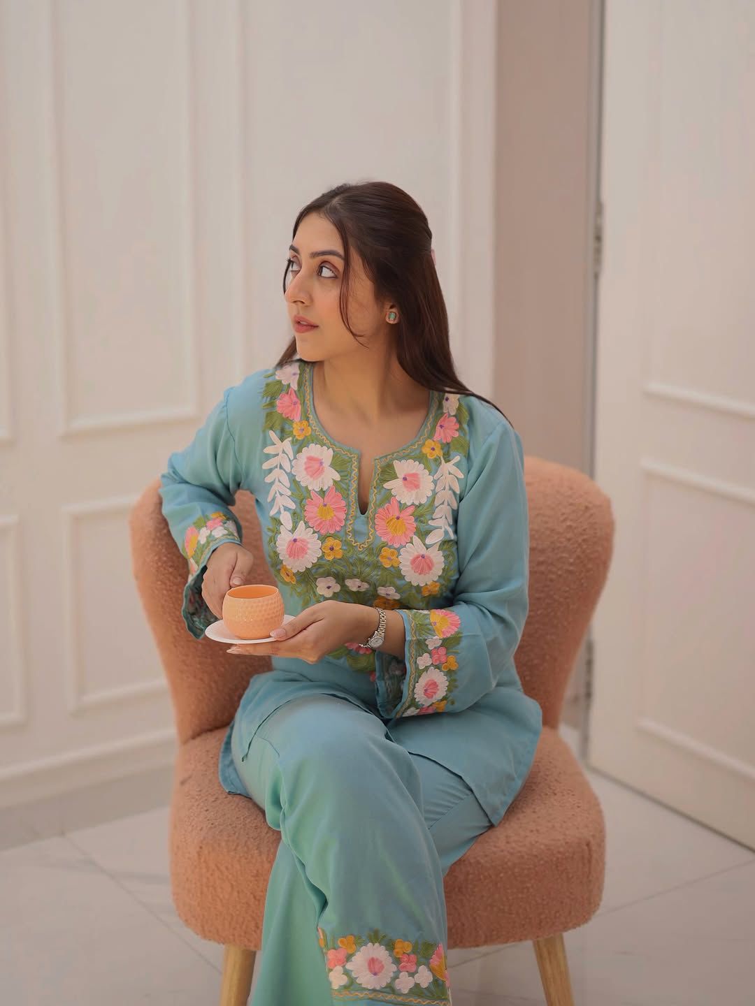 Pure Cotton Embroidered Co-Ord Set for Women | Kurti Pant Set with Border Work | Samkri House