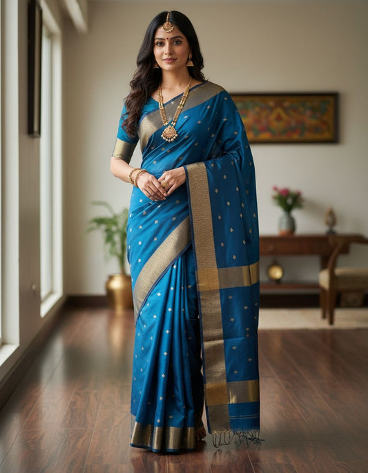 Woman in a blue saree with gold border standing in a room with wooden flooring and a painting on the wall.