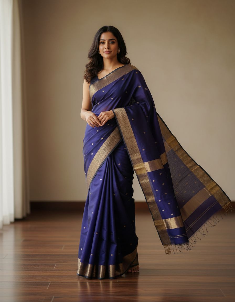 Woman wearing a blue saree with gold border indoors