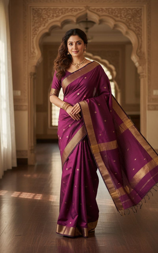 Woman in a purple saree with gold border standing in an ornate hall.