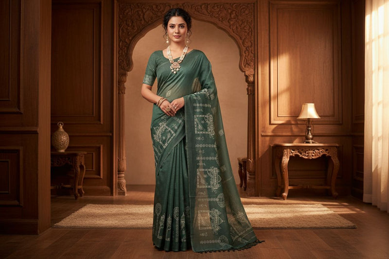 Woman in a green saree standing in an ornate room with wooden paneling and a lamp.