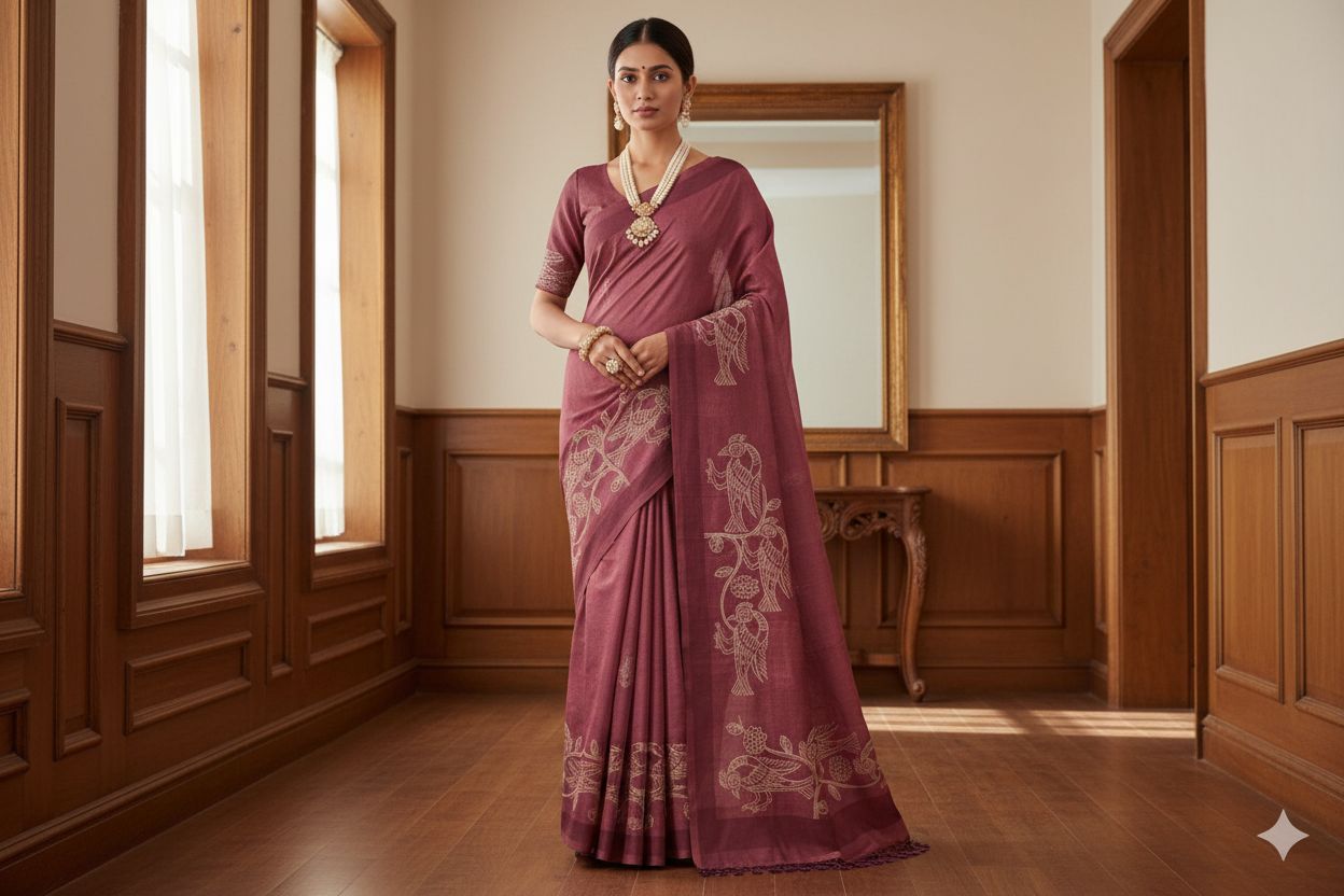 Woman in a maroon saree with white patterns standing in a room with wooden paneling.