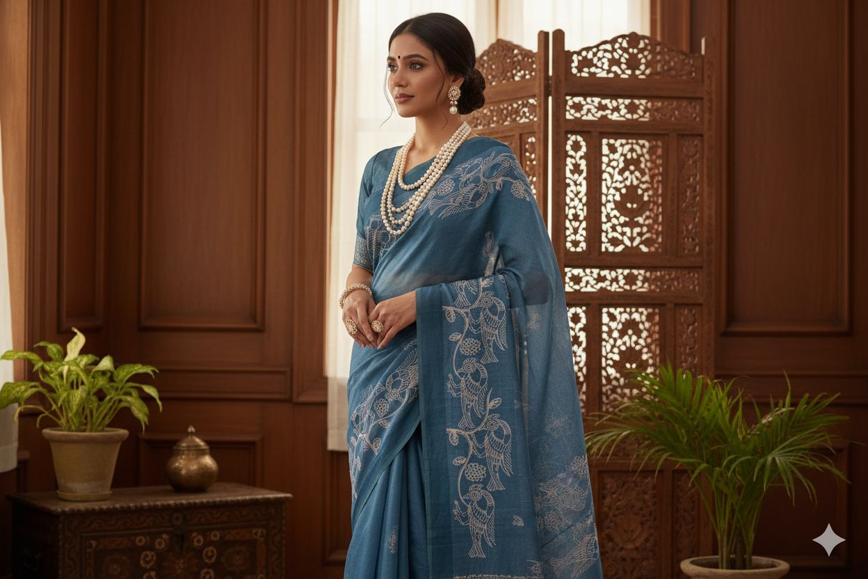 Woman in a blue saree with intricate patterns standing in a room with wooden paneling and plants.