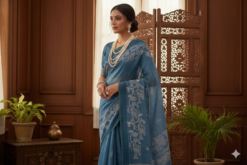 Woman in a blue saree with intricate patterns standing in a room with wooden paneling and plants.