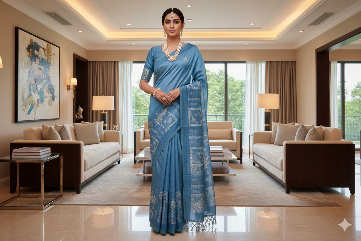 Woman in a blue saree standing in a modern living room.