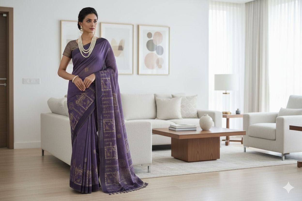 Woman in a purple saree standing in a modern living room.