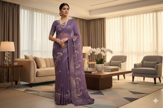 Woman in a purple saree standing in a modern living room.