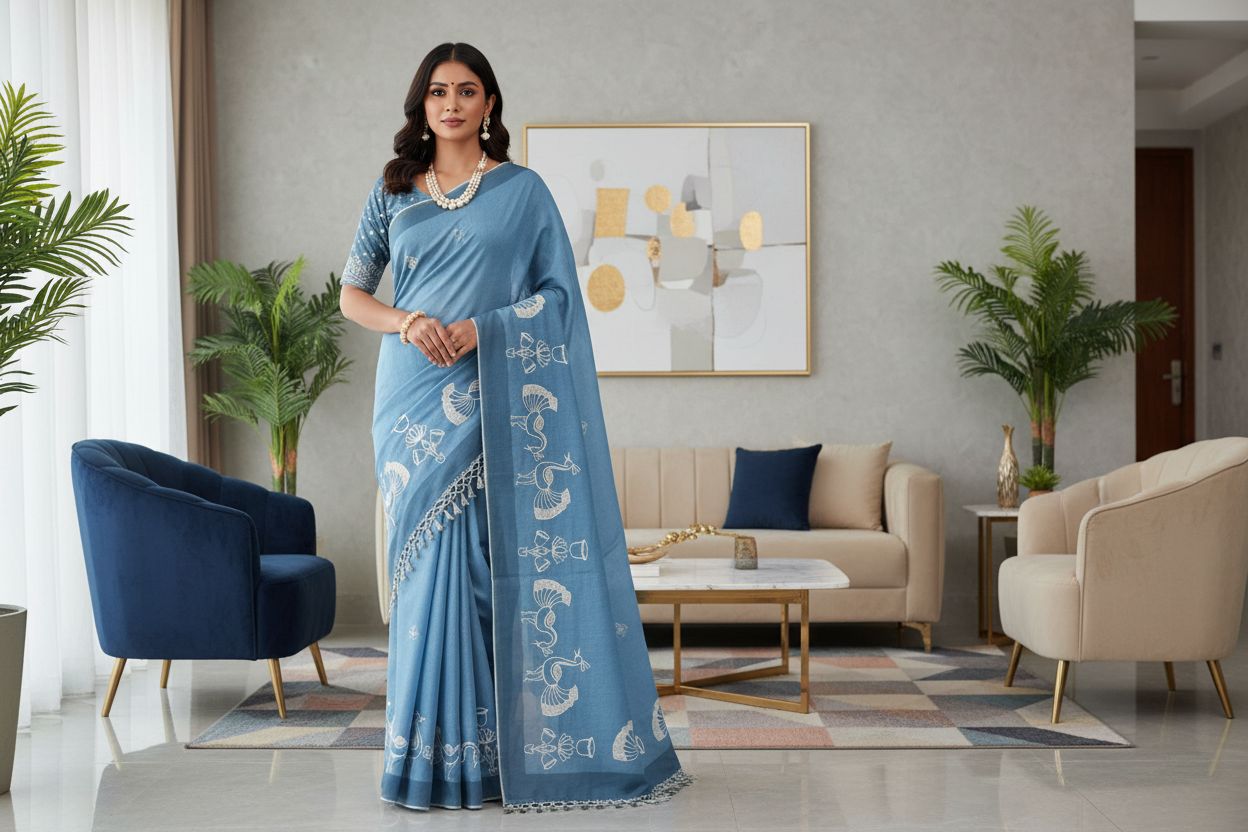 Woman in a blue saree standing in a modern living room.
