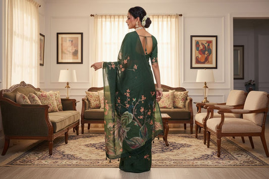 Woman in a green floral dress standing in a stylish living room.