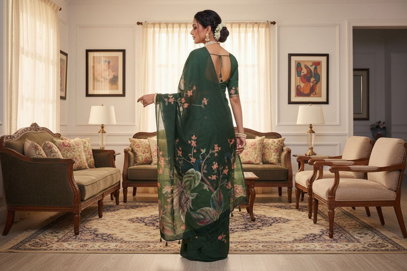 Woman in a green floral dress standing in a stylish living room.