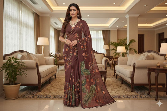 Woman in a floral saree standing in a luxurious living room.
