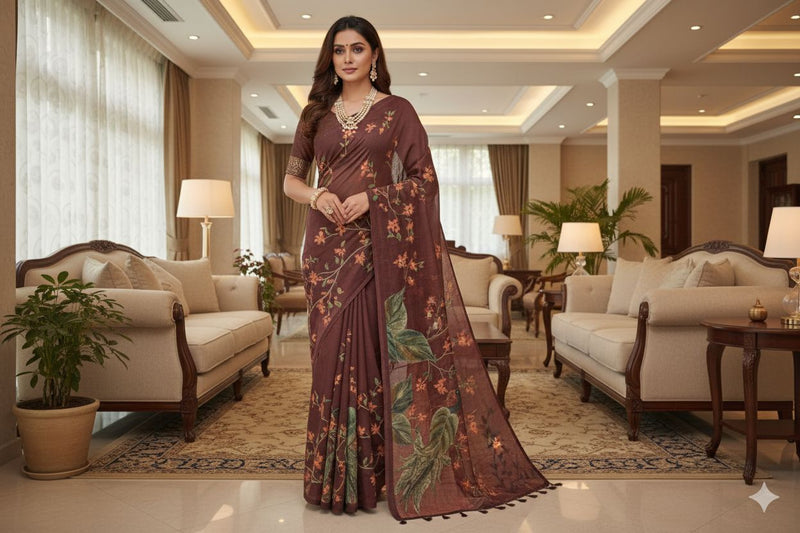 Woman in a floral saree standing in a luxurious living room.