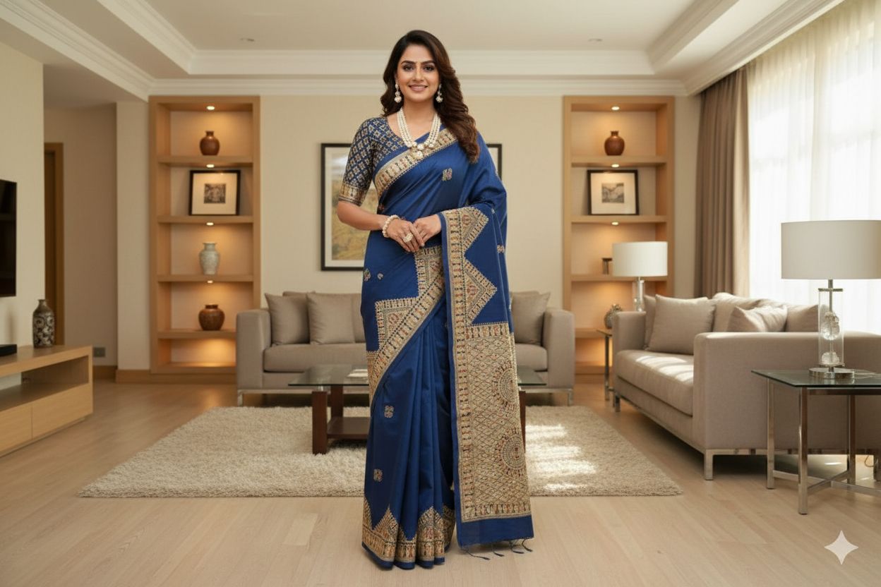 Woman in a blue saree standing in a well-furnished living room.