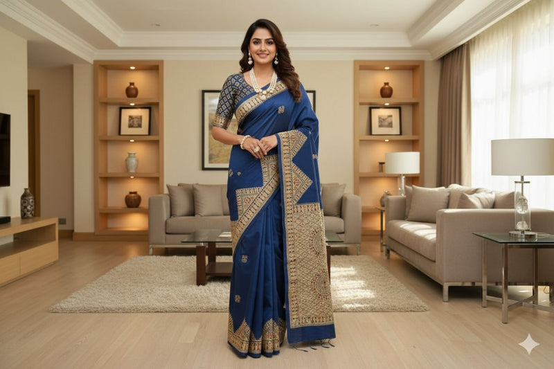 Woman in a blue saree standing in a well-furnished living room.