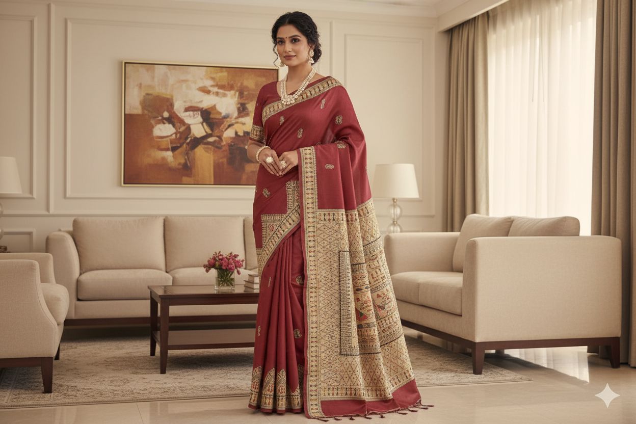 Woman in a red saree standing in a stylish living room.