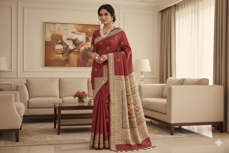 Woman in a red saree standing in a stylish living room.