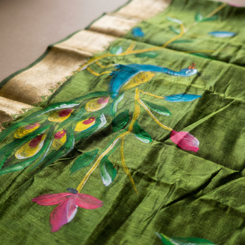 Green fabric with peacock and floral embroidery