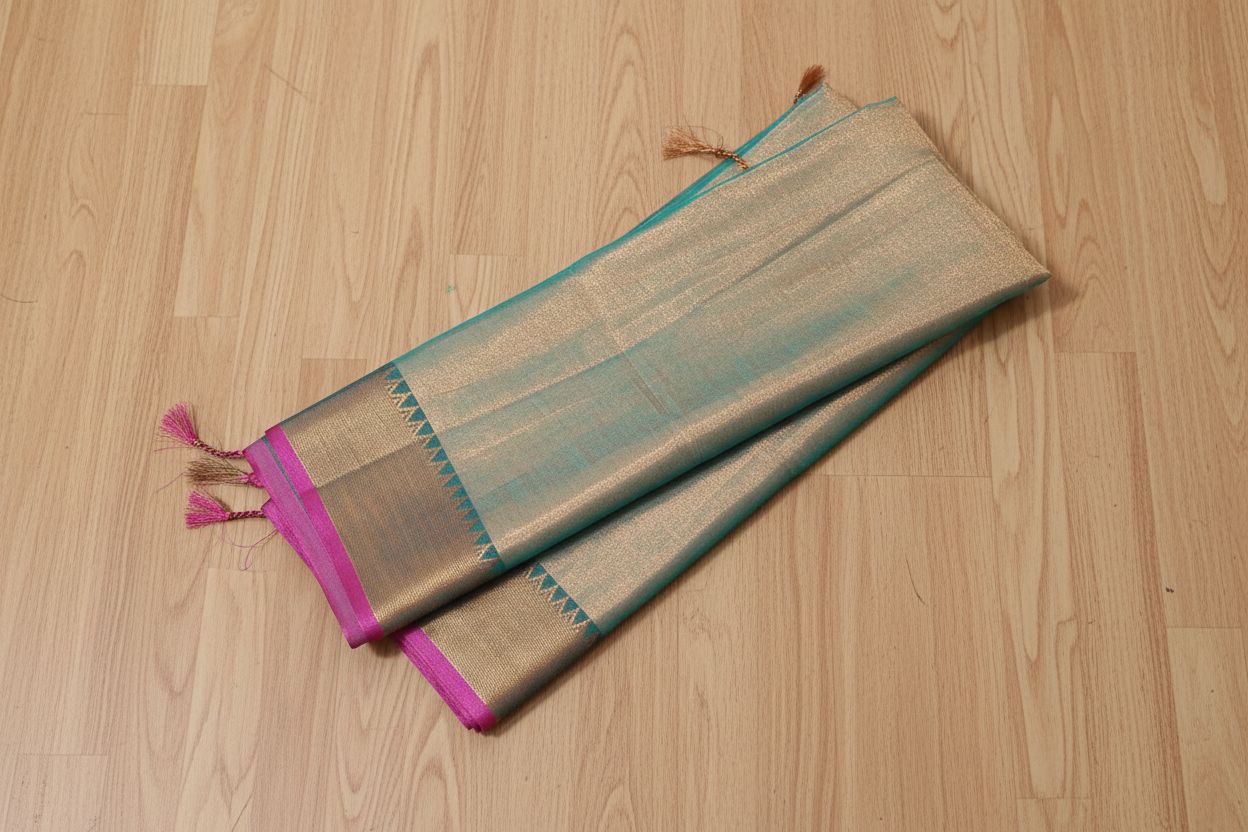 Traditional fabric with pink and green patterns on a wooden floor