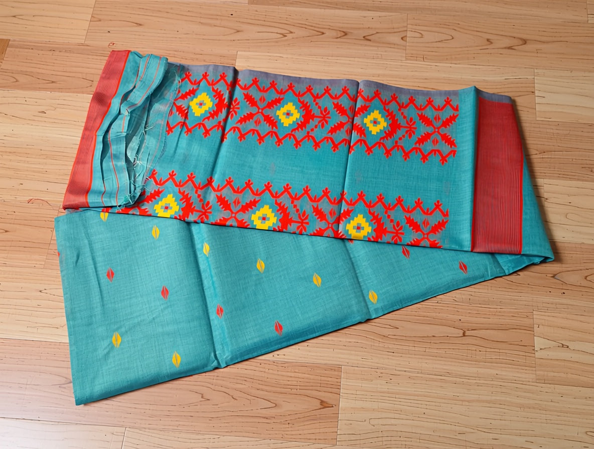Turquoise fabric with red and yellow patterns on a wooden floor