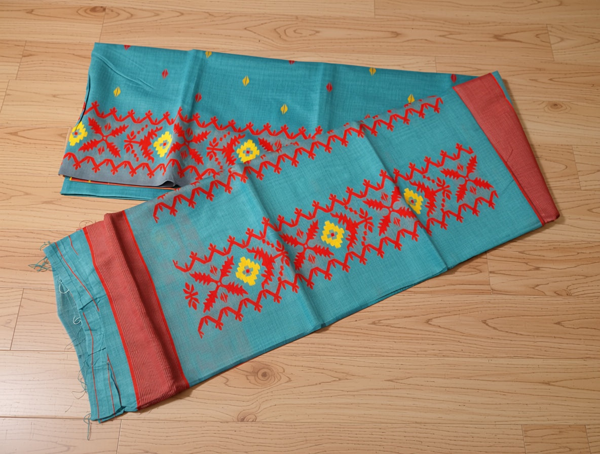 Turquoise fabric with red and yellow embroidery on a wooden surface