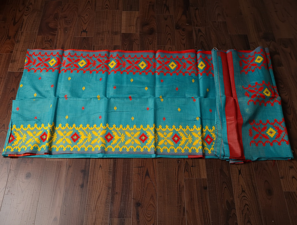 Turquoise fabric with red and yellow patterns on a wooden floor