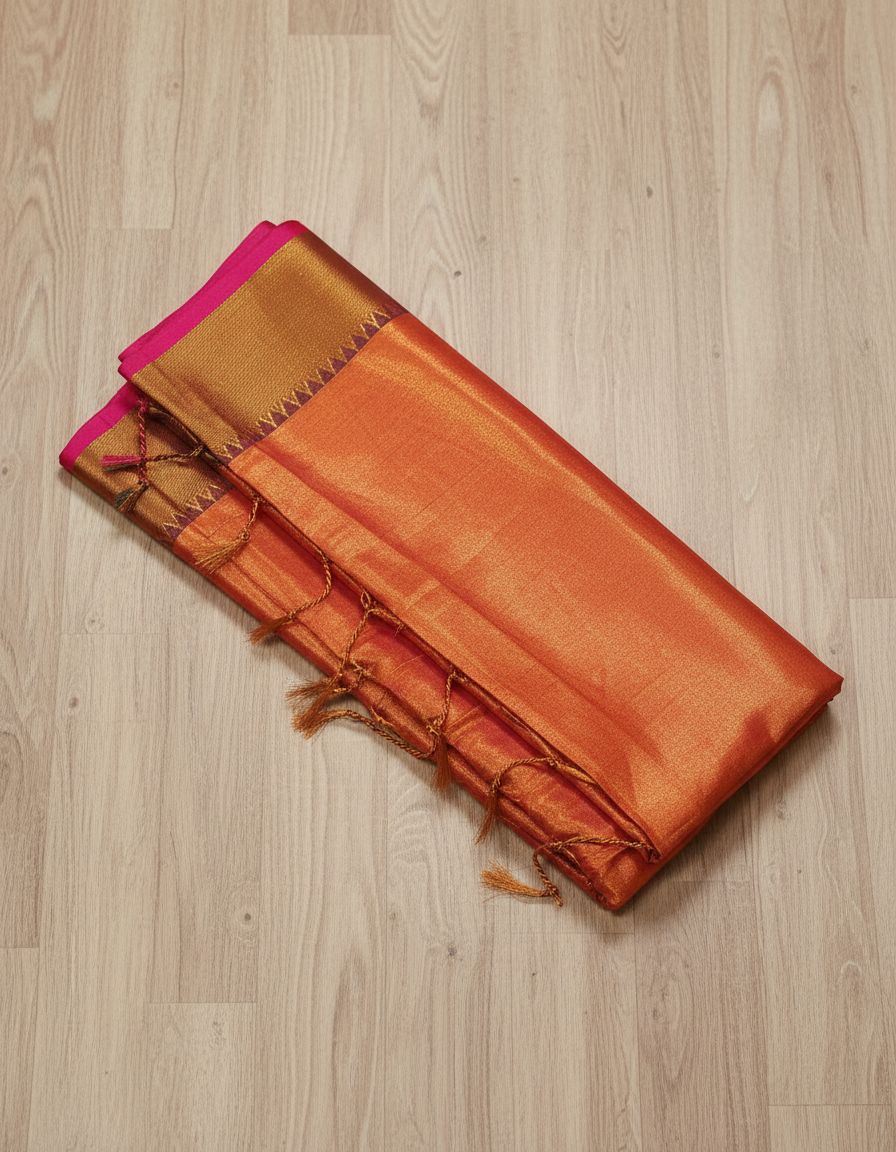 Orange fabric with pink border on a wooden surface