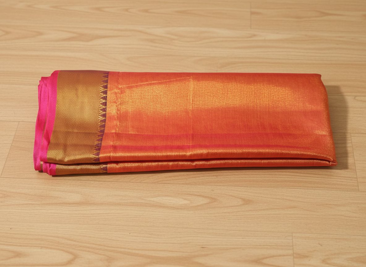 Folded saree with pink and gold border on a wooden surface