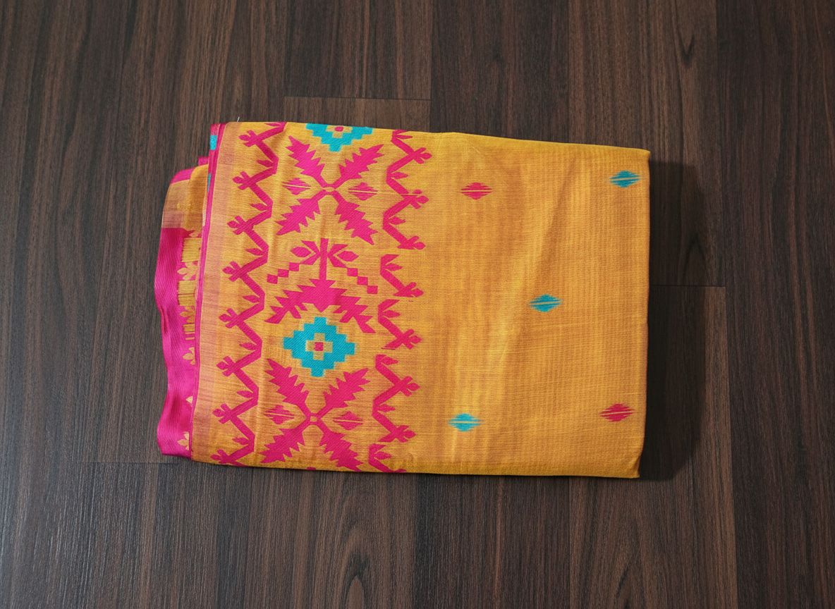 Yellow fabric with pink and blue patterns on a wooden surface