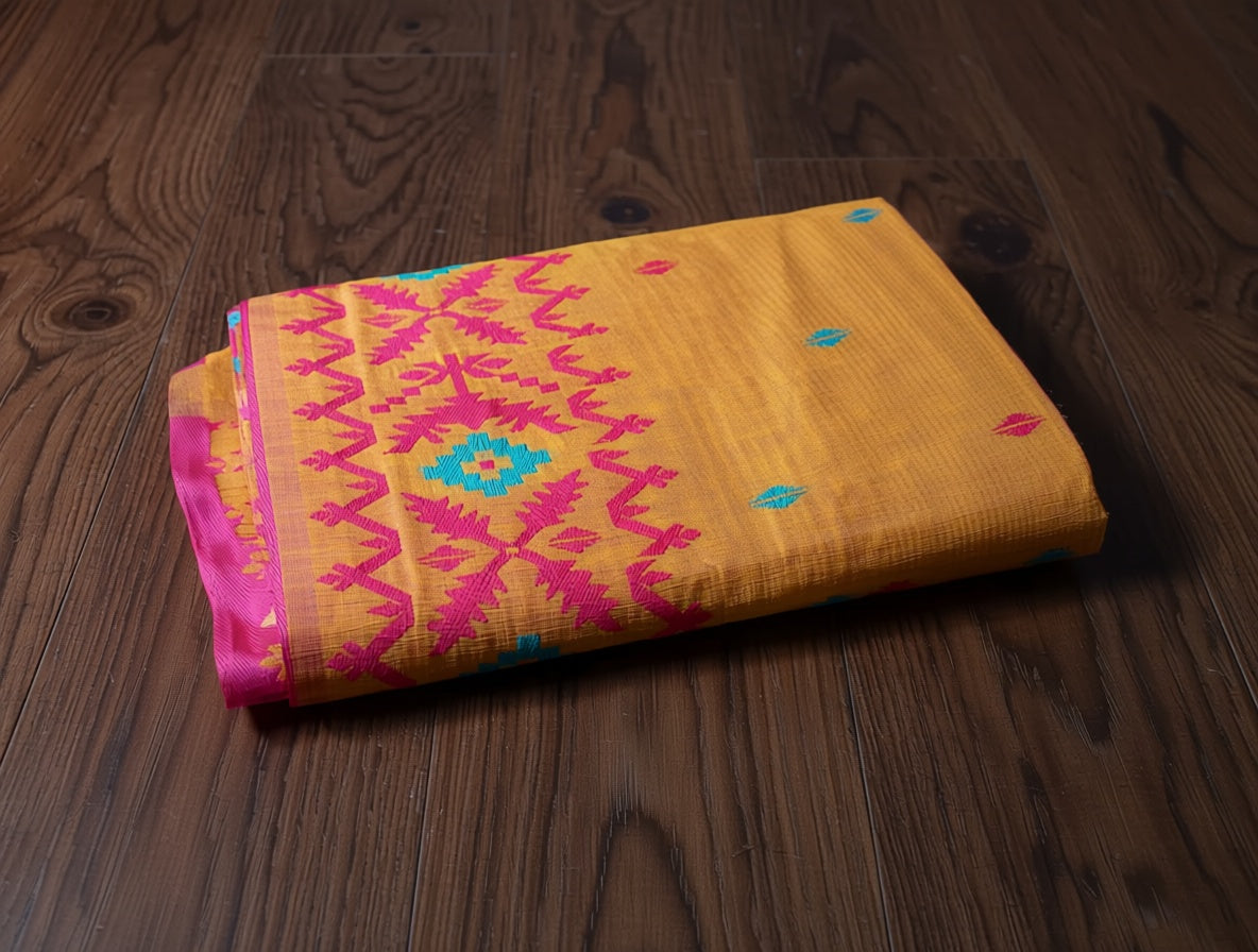 Yellow fabric with pink and blue patterns on a wooden surface