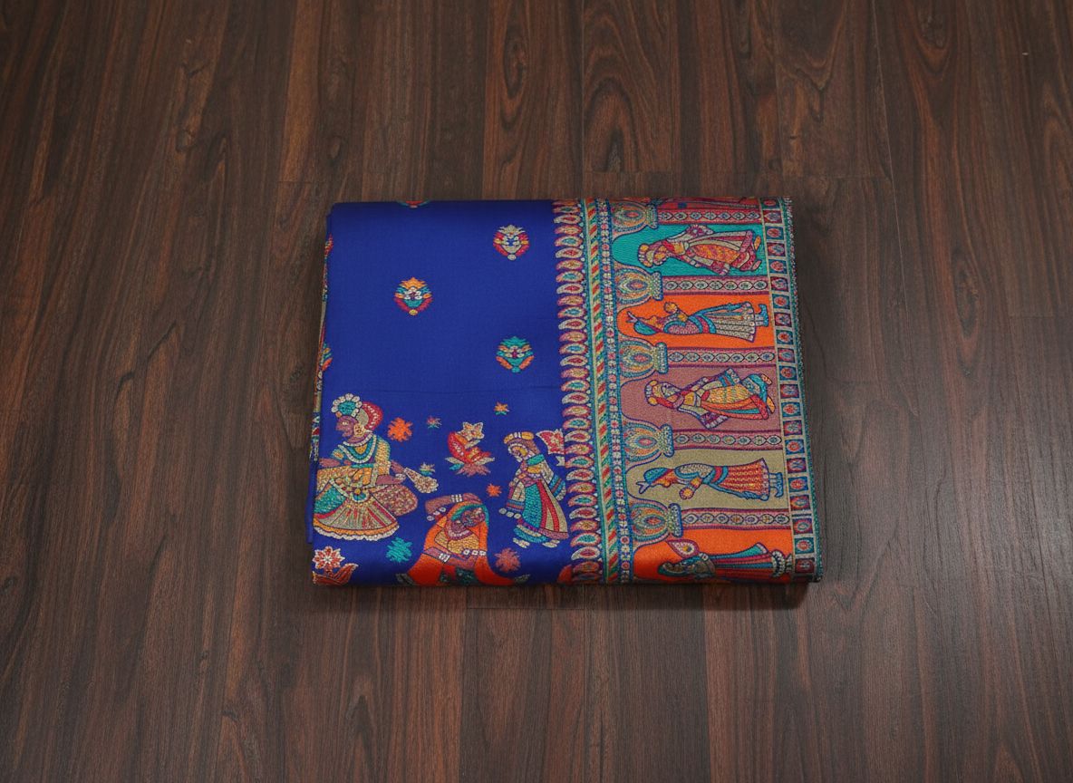 Colorful fabric with intricate patterns on a wooden surface