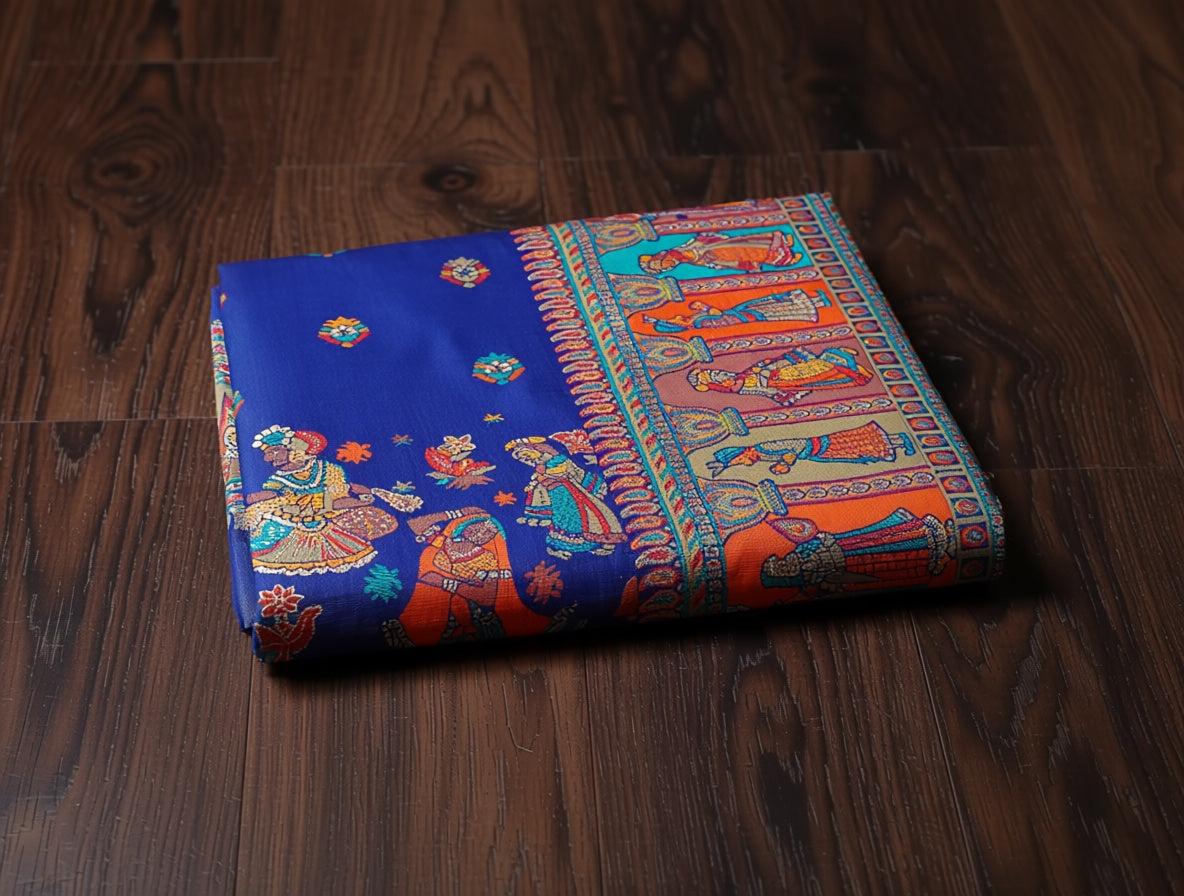 Decorative fabric with colorful patterns on a wooden surface