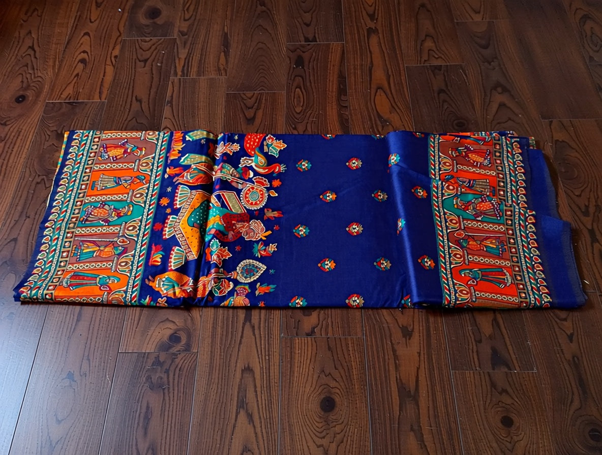 Colorful fabric with intricate patterns on a wooden floor