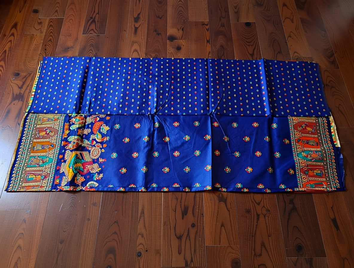 Blue fabric with colorful patterns on a wooden floor
