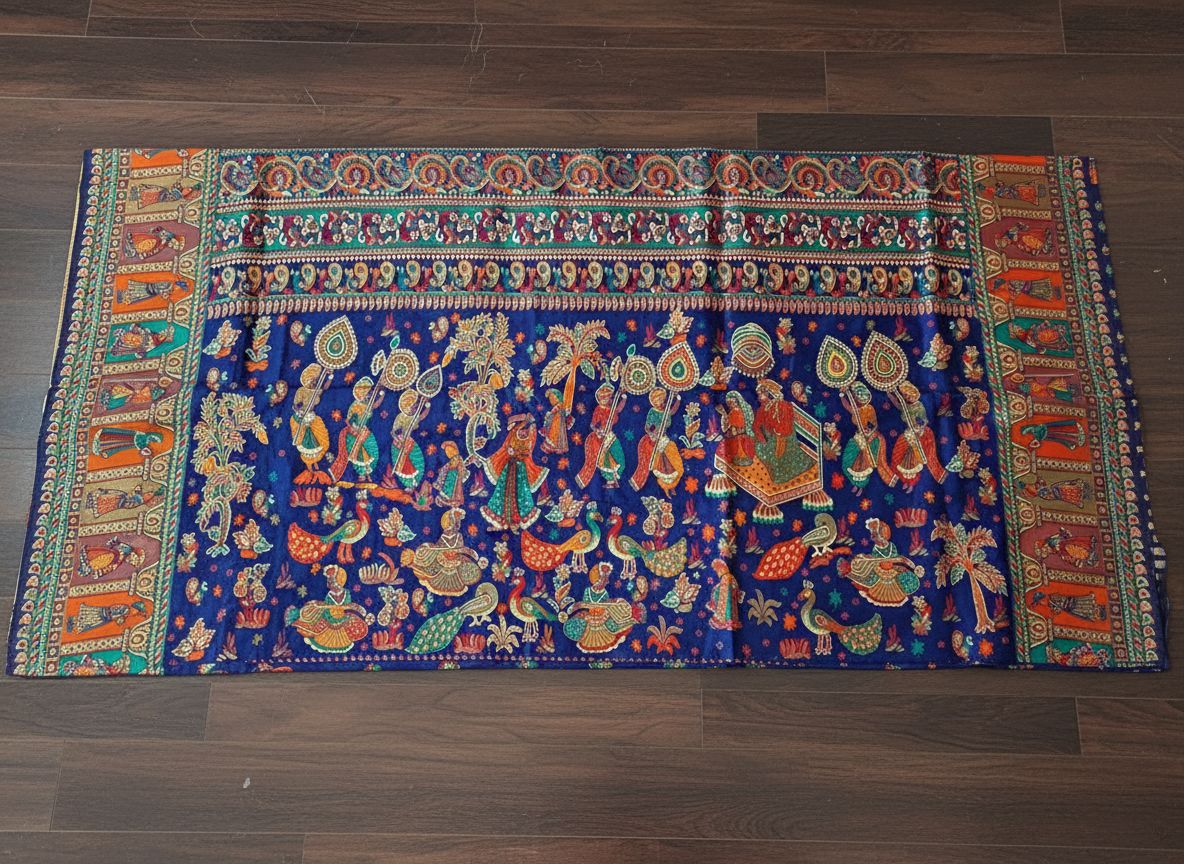 Colorful embroidered textile on a wooden floor