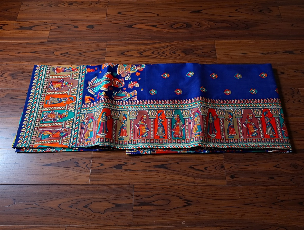 Colorful fabric with intricate patterns on a wooden floor